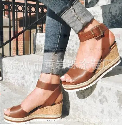 Korean style summer women sandals with wedge heels and peep-toe design in casual fashion, featuring trendy and comfortable footwear.