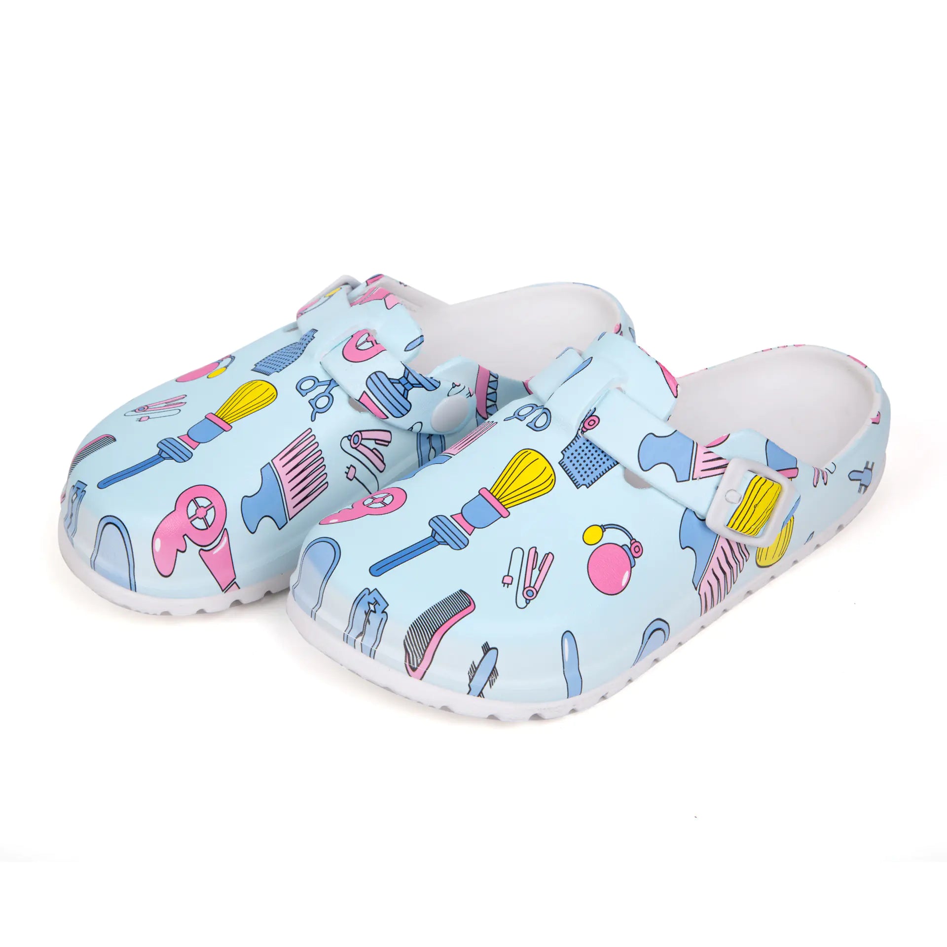 Cartoon nurse-themed women's sandals with colorful cartoon nurse illustrations, casual slip-on style, Trendy Attic Store01.