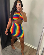 Sexy rainbow tie-dye halter bodycon mini dress for women, featuring vibrant colors and a fitted style, perfect for stylish occasions.