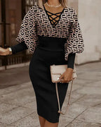 Elegant women's V-neck long sleeve pencil dress from Trendy Attic Store01, shown in a sleek, fitted silhouette.