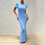Elegant solid color slim fit round neck women's dress by Trendy Attic Store01, displayed on a hanger.