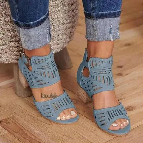 Women's floral cutout chunky heel sandals by Trendy Attic Store01, featuring open toes and stylish floral design.