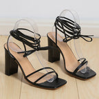 Women's simple square head strappy high heels in black, stylish women shoes from Trendy Attic Store01, with a sleek design.