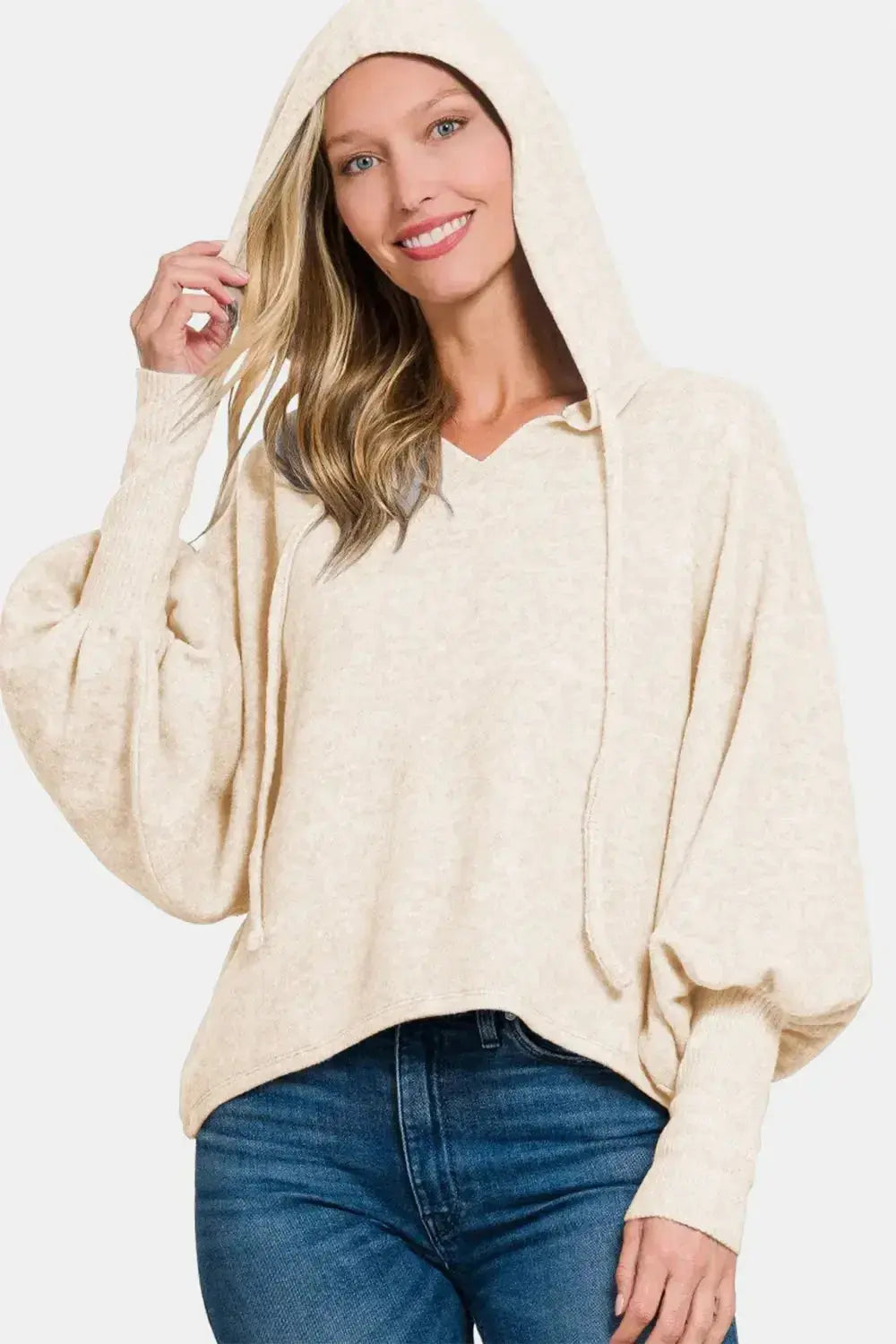 Soft plush fashion hub brushed hacci cropped hoodie with drop shoulder design, perfect for cozy casual wear.