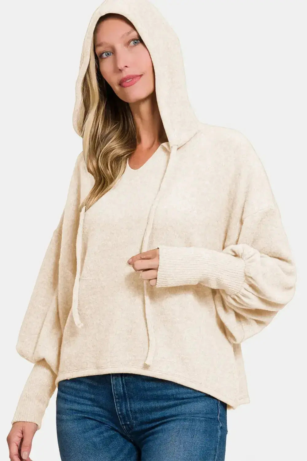 Soft plush brushed hacci cropped hoodie with drop shoulders from Plush Fashion Hub, cozy and stylish for casual wear.