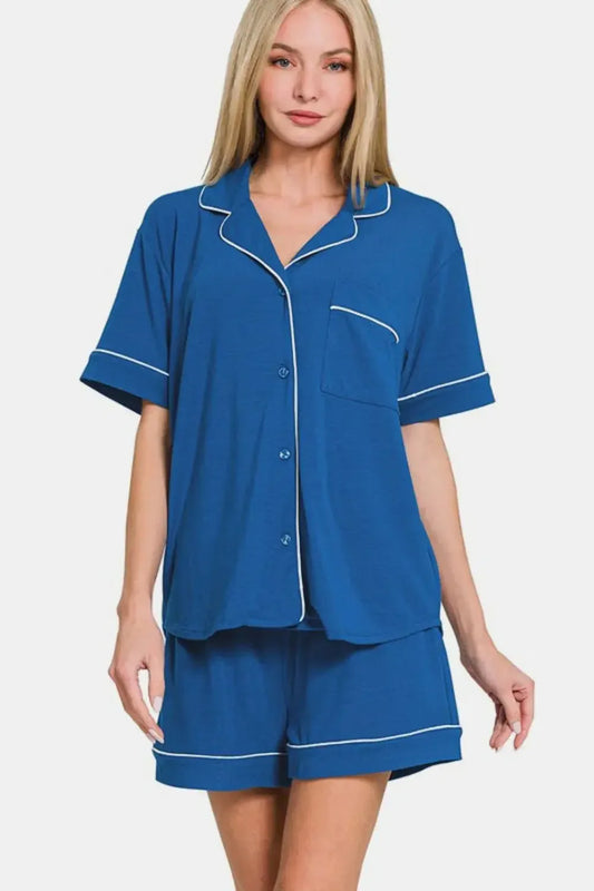 Zenana Button Down Short Sleeve Top and Shorts Lounge Set - Plush Fashion Hub