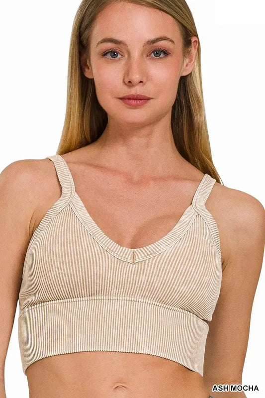 Zenana Washed V Neck Seamless Cropped Bra Top - Plush Fashion Hub