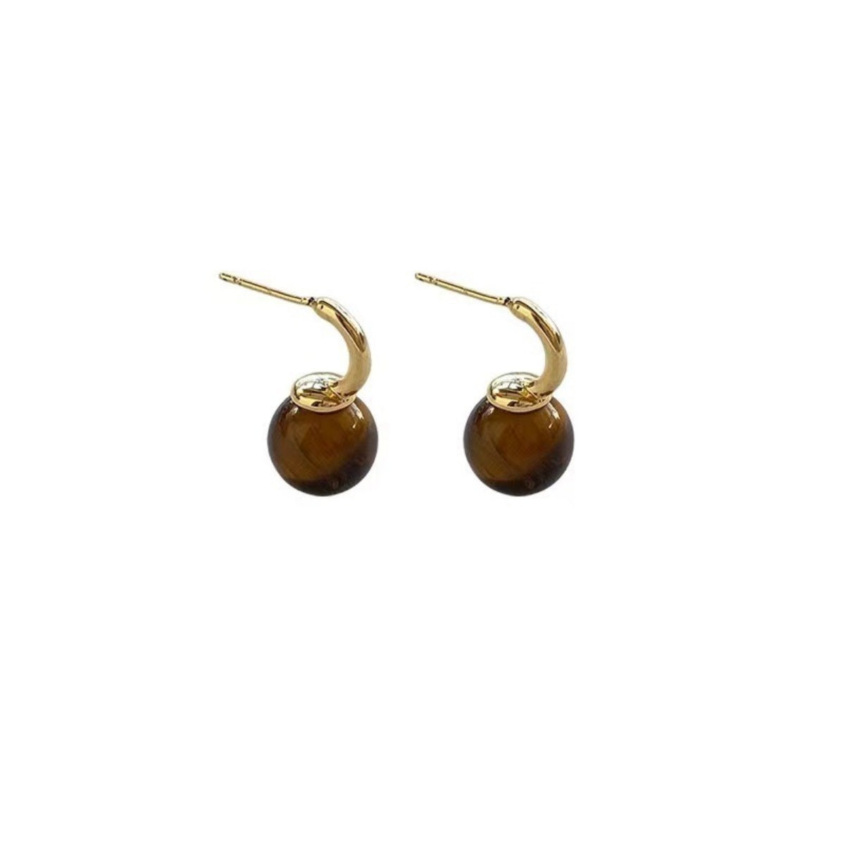 Tiger Eye ball drop earrings from Plush Fashion Hub featuring gold-tone hooks and smooth polished tiger eye stones.