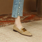 Women’s retro suede loafers with metal buckle and chunky platform heel, slip-on footwear by Plush Fashion Hub.