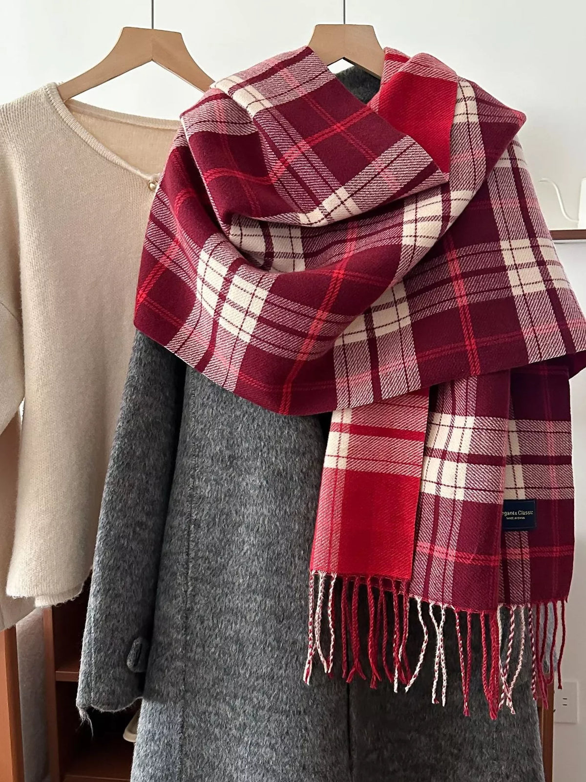 Simply Love classic plaid scarf with fringe detailing, showcasing a cozy, stylish accessory in a plaid pattern.