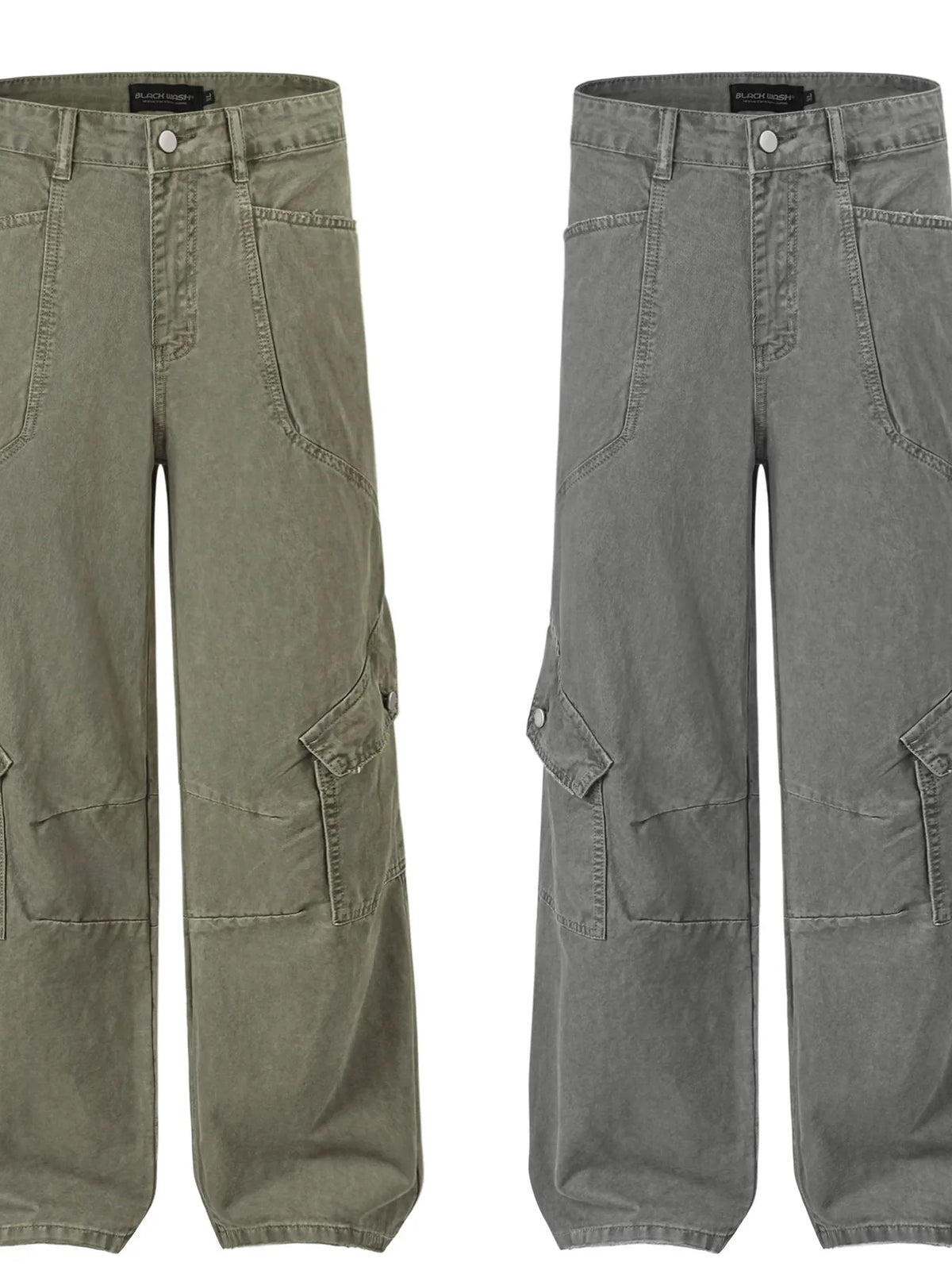 Men's wide leg cargo jeans from Plush Fashion Hub, featuring multiple pockets and relaxed fit, styled on a neutral background.