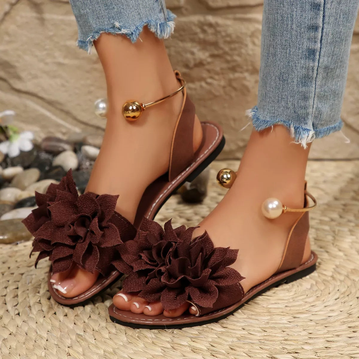 Plush Fashion Hub floral decor flat sandals with colorful flower embellishments, open-toe design, and comfortable flat sole.