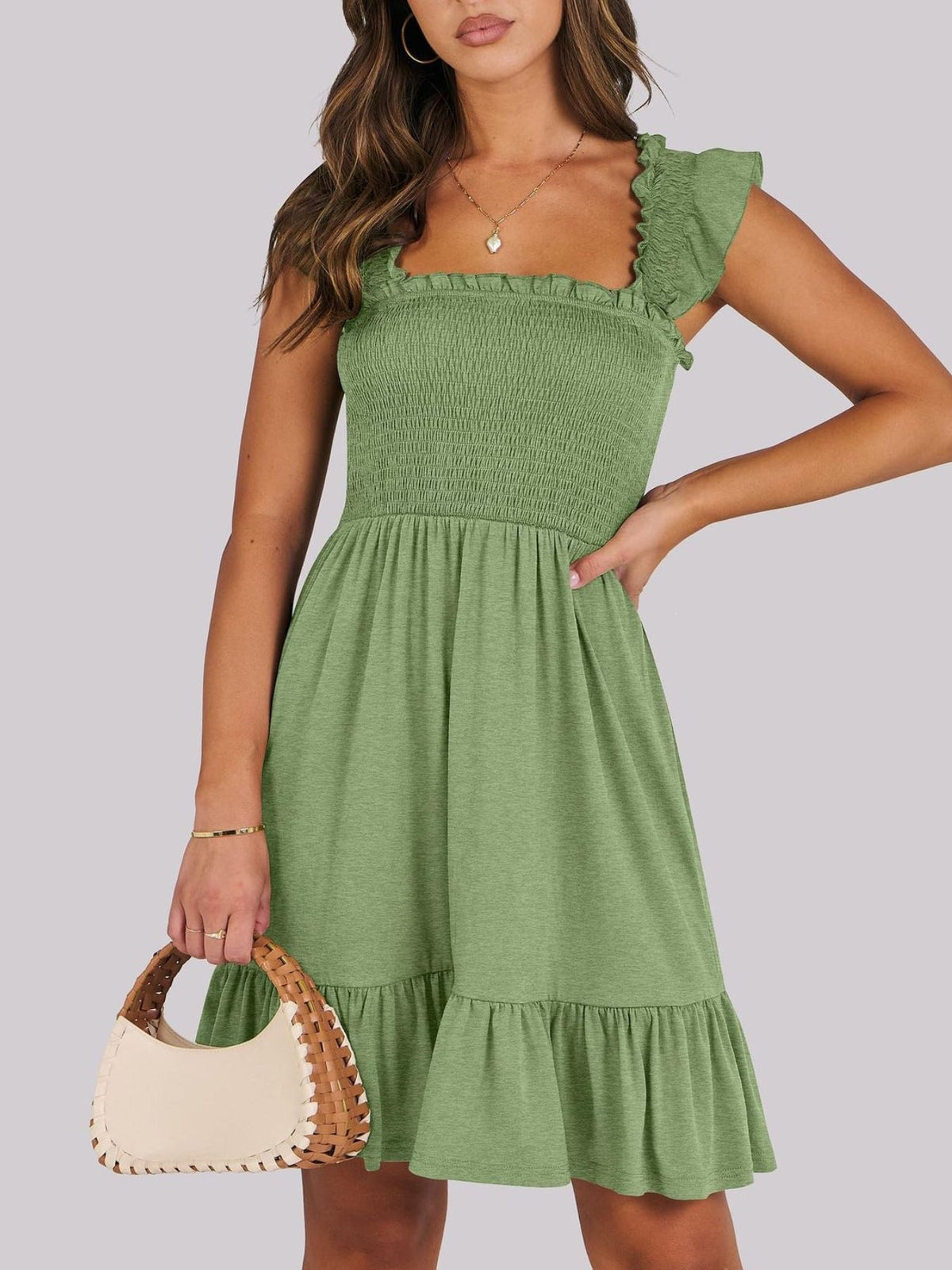 Women's lightweight summer dress with smocked bodice and ruffle hem, casual mini dress by Plush Fashion Hub.