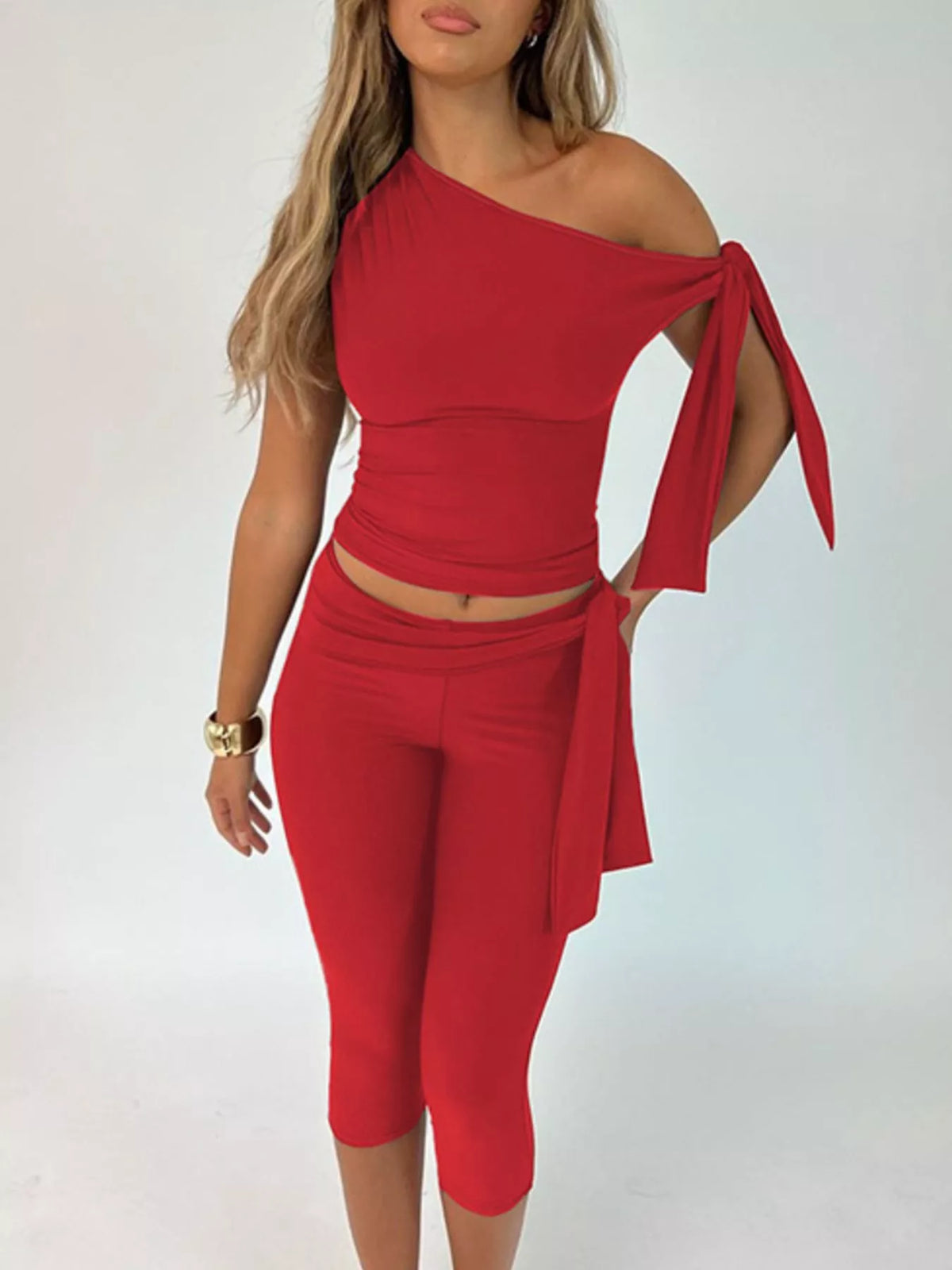 Asymmetrical one-shoulder top and matching capris set by Plush Fashion Hub, stylish women's tops and bottoms ensemble.