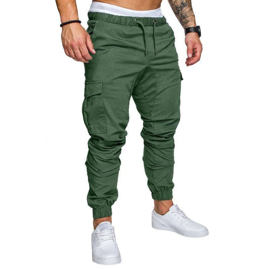 Men's green woven cargo pants with cuffs, featuring a comfortable fit and stylish design, perfect for casual wear.