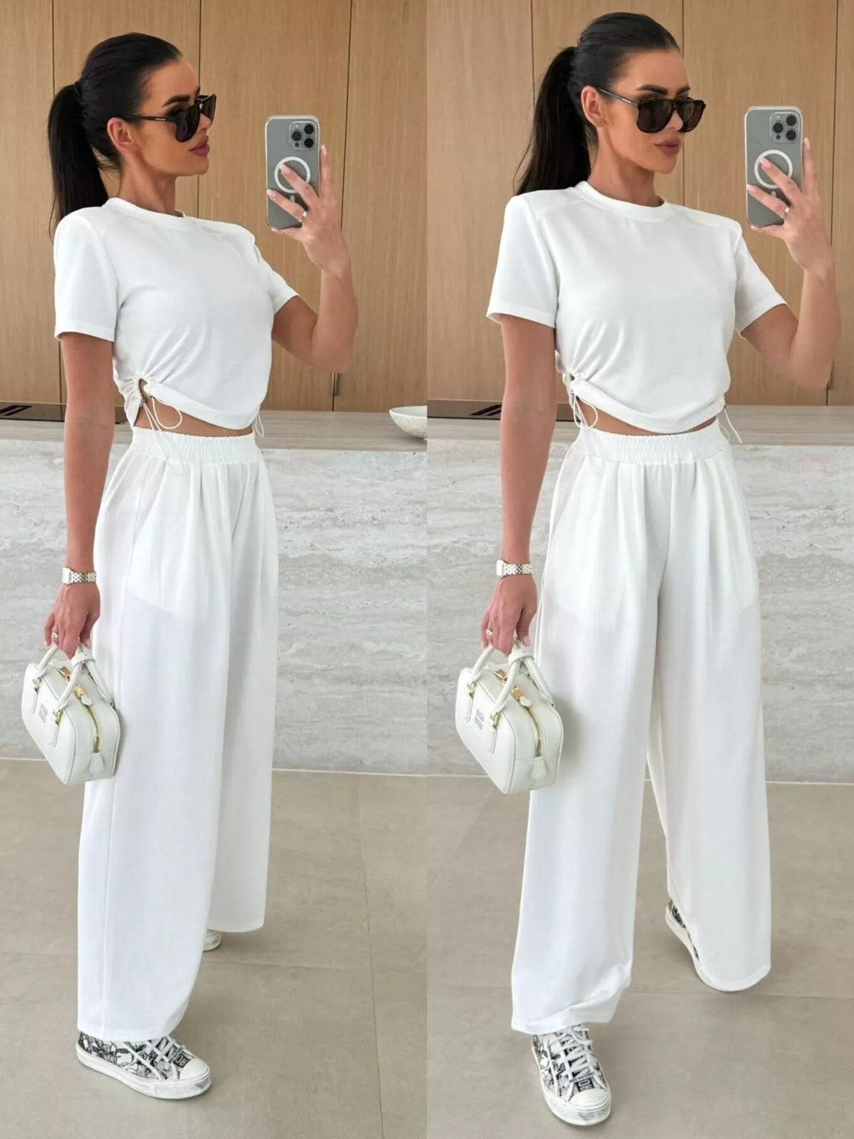 Drawstring crop top and wide-leg pants set by Plush Fashion Hub, shown in a stylish matching outfit with a relaxed fit.
