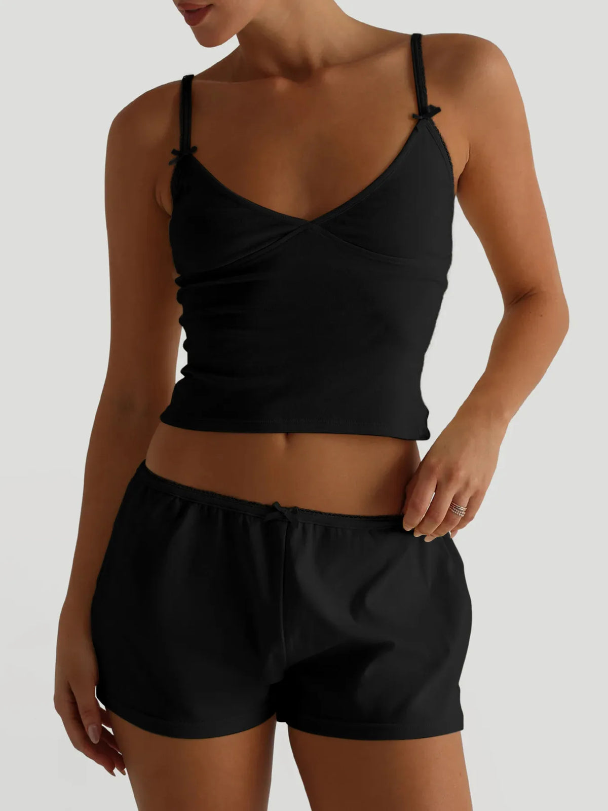 Plush Fashion Hub plush V-neck active wear cami and shorts set, soft fabric, perfect for workout or lounge.