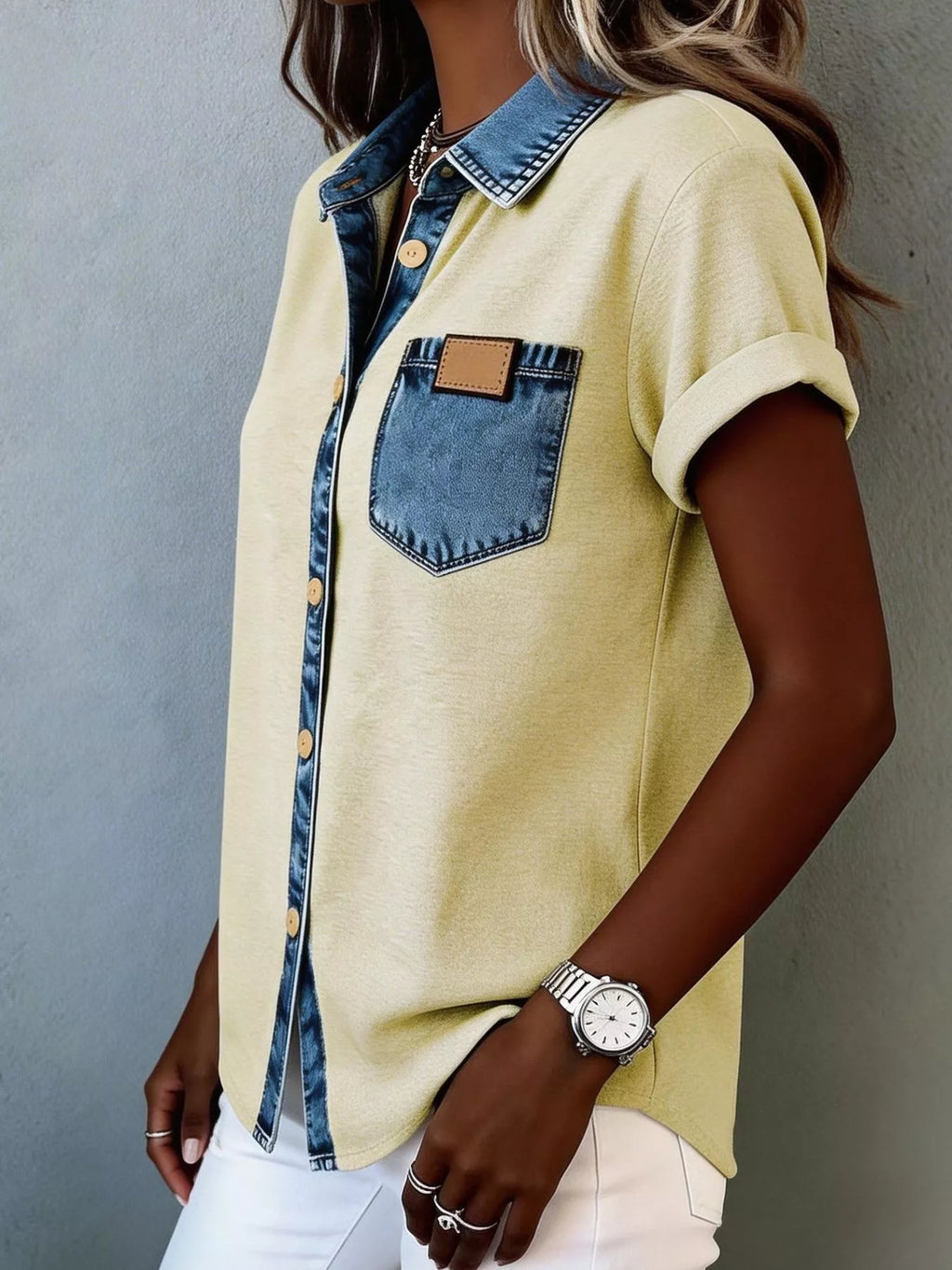 Denim trim short sleeve shirt from Trendsi, casual tops featuring denim accents and a classic fit, shown on a model.