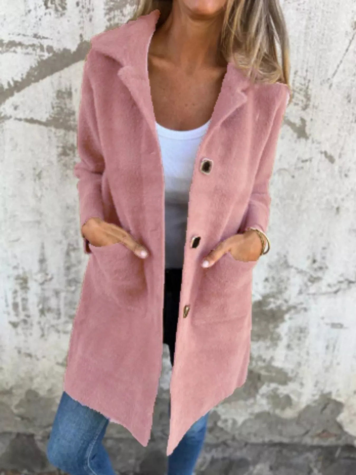 Plus size longline coat by Simply Love featuring a full size button-down long sleeve design, stylish and warm outerwear.