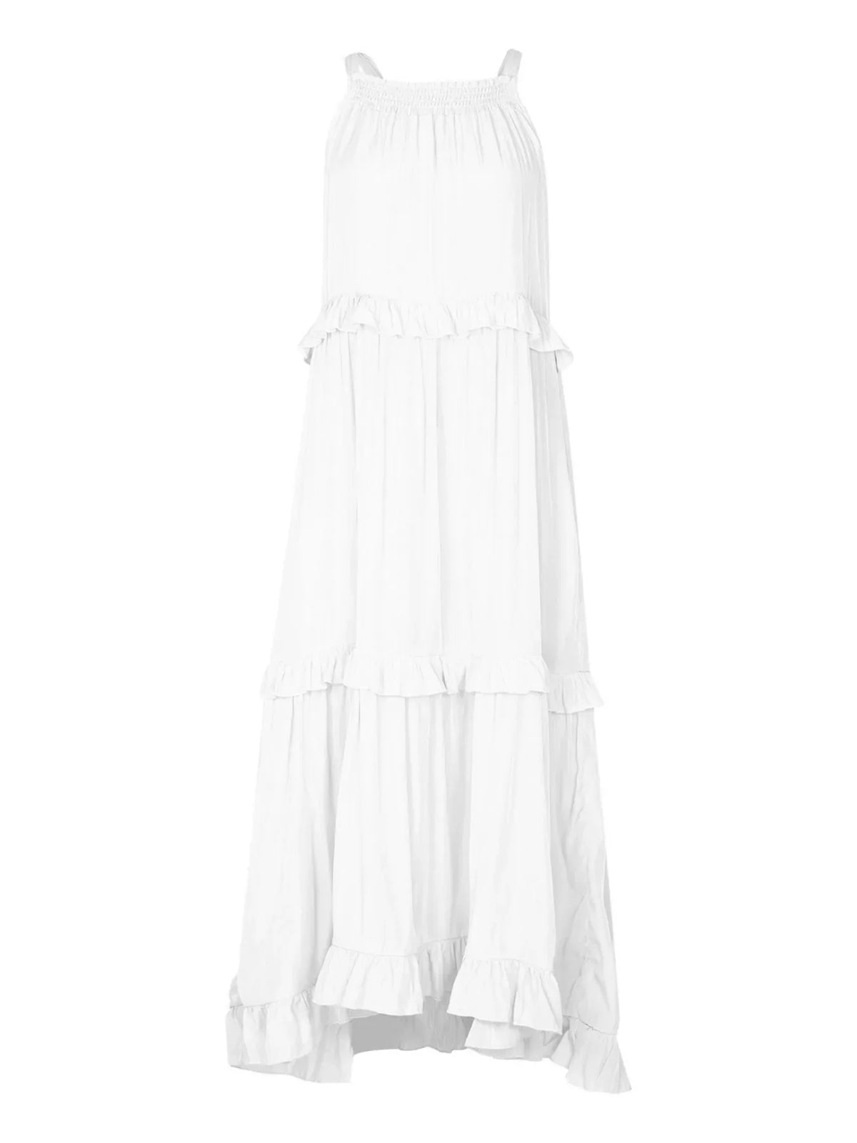 Plush Fashion Hub ruffled tiered sleeveless maxi dress with flowing fabric and tiered design, perfect for summer wear.