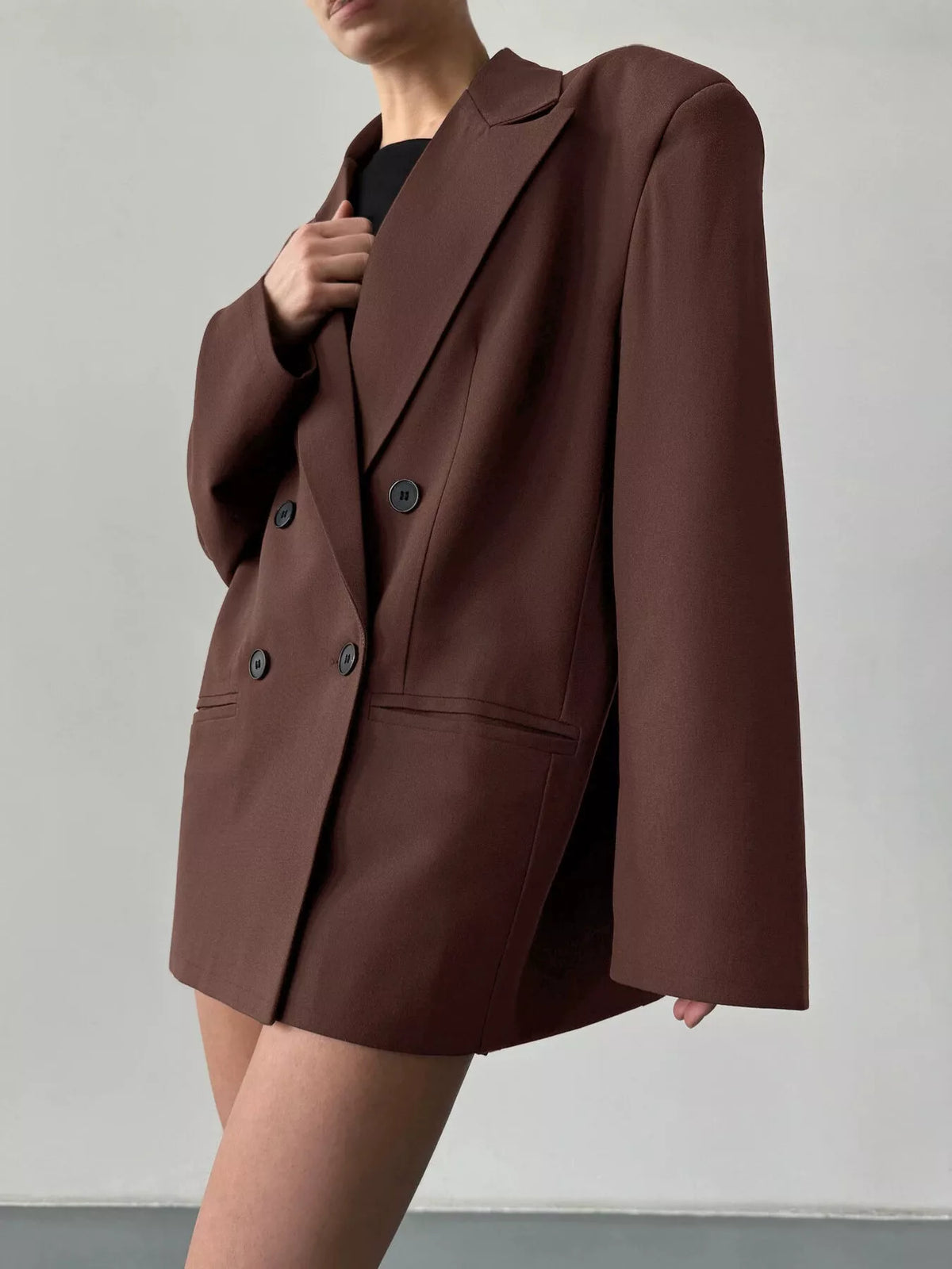Trendsi double-breasted blazer with lapel collar, tailored fit, in classic neutral color, shown on a model.