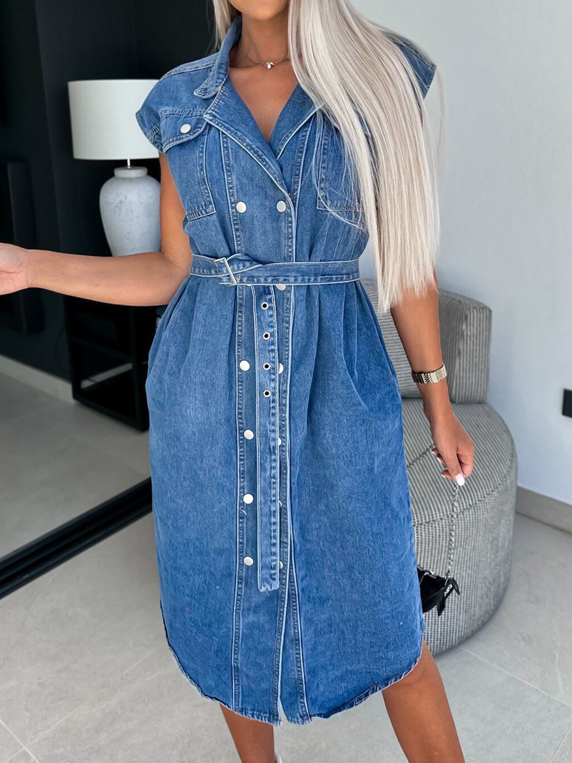 Denim dress with collared neck and cap sleeves by Plush Fashion Hub, featuring a stylish casual design.