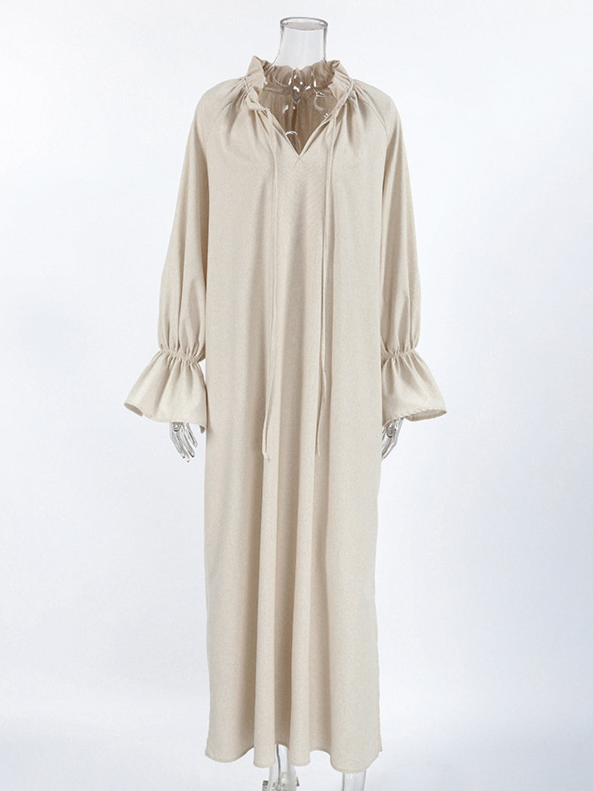 Cotton linen maxi dress with tie neck and flounce sleeves, stylish and comfortable dress by Plush Fashion Hub.