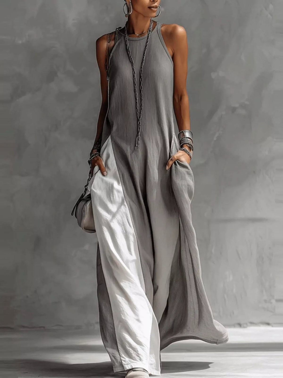 Two-tone sleeveless maxi dress by Plush Fashion Hub, elegant casual floor-length summer gown with a flowing silhouette and vibrant colors.
