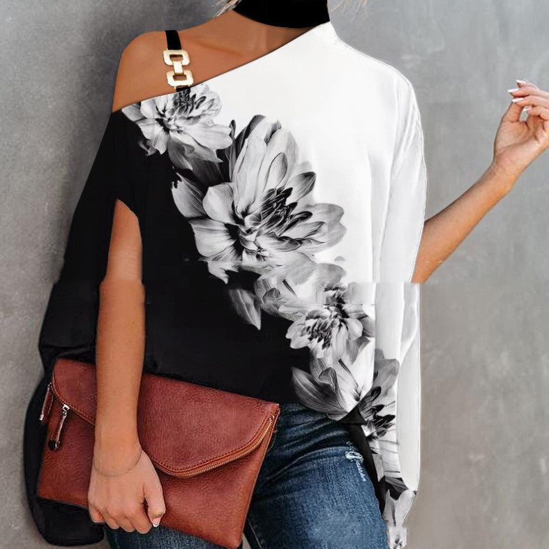 Women’s one-shoulder printed T-shirt by FitiqueFit, casualwear with vibrant design, shown on a model.
