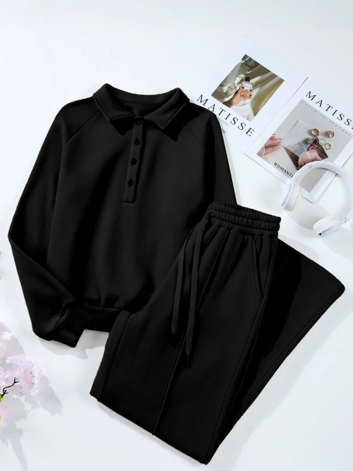 Plush Fashion Hub activewear set featuring a collared sweatshirt and high waist pants, comfortable athletic clothing for women.