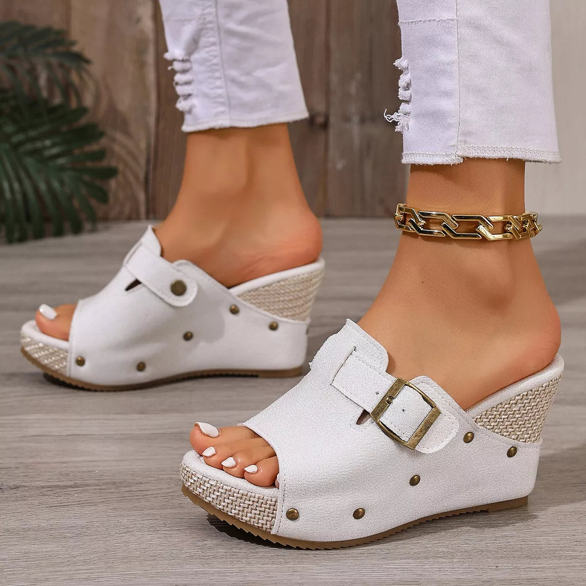 Plush Fashion Hub open toe wedge sandals with plush straps and a comfortable cork wedge heel, perfect for casual summer wear.