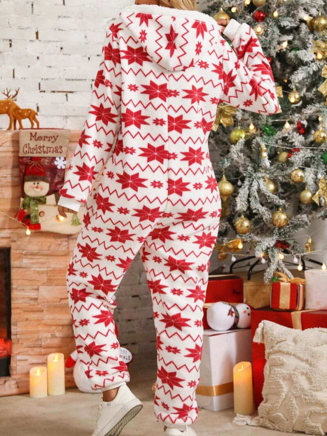 Fuzzy Geometric Half Zip Hooded Pajamas with holiday pattern near Christmas tree.