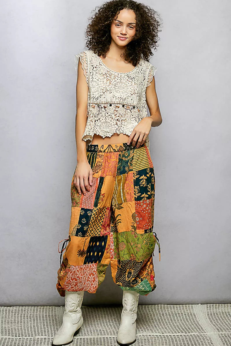Cotton printed patchwork wide leg pants with side drawstring, styled as a dress, from Plush Fashion Hub.