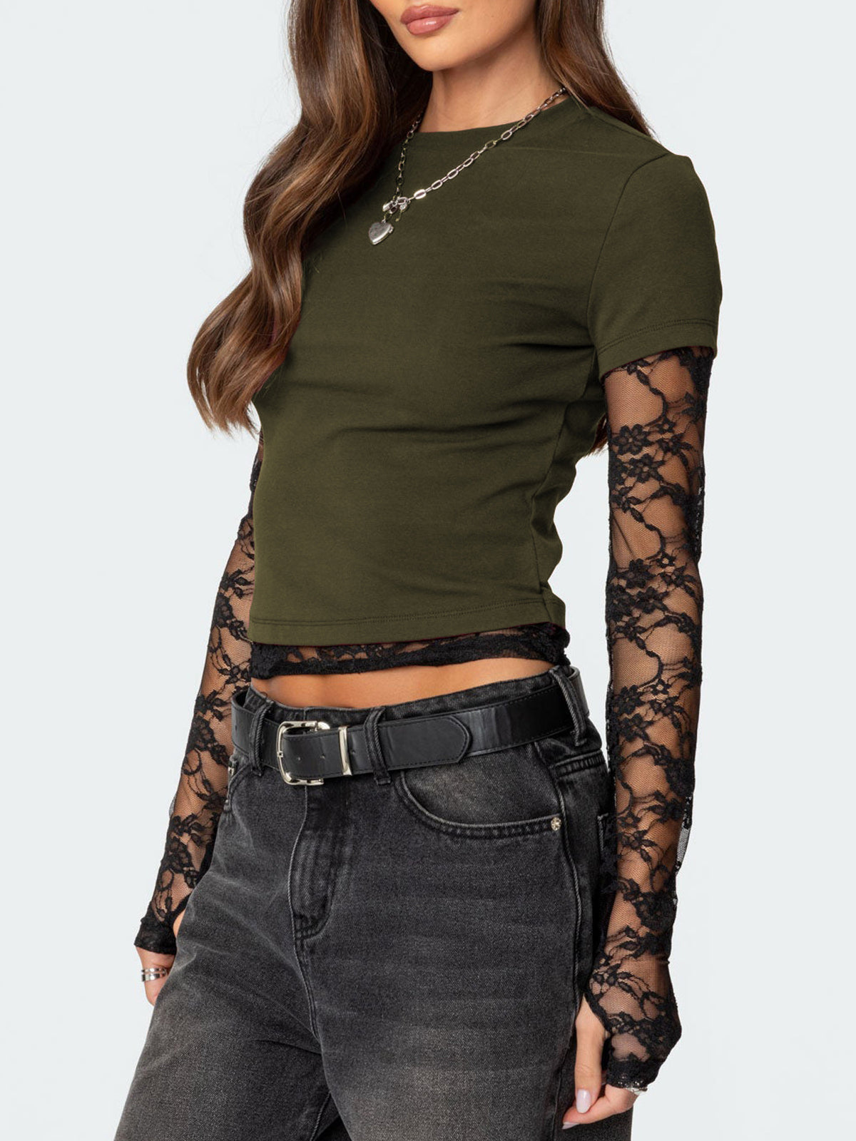 Women's fitted casual T-shirt with lace sleeves by Plush Fashion Hub, featuring a stylish and comfortable design.