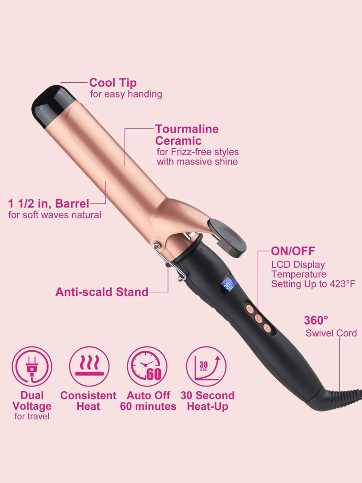 Ceramic curling iron from Plush Fashion Hub, a professional anti-scald hair styling tool with fast heating for smooth curls.