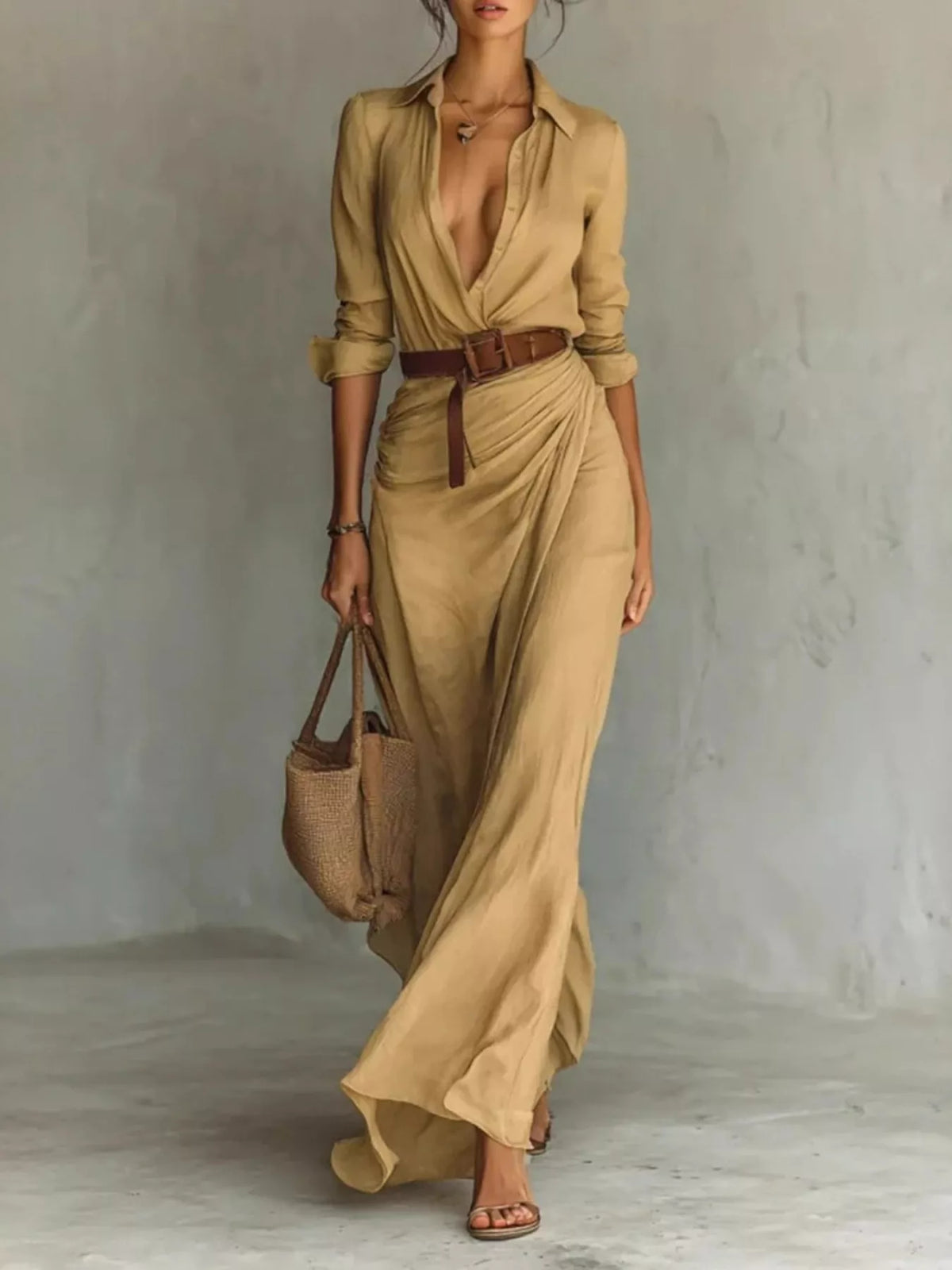 Plus size elegant V-neck ruched maxi dress with belt, stylish full-length dress by Trendsi, perfect for formal occasions.