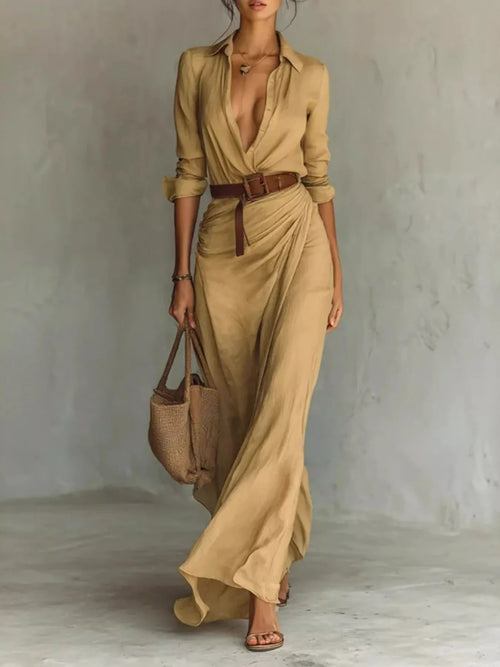 Full size elegant V-neck ruched maxi dress with belt from Trendsi, featuring a flowing silhouette and stylish design.