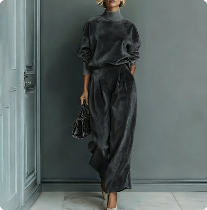 Casual warm velour long-sleeved high-neck zipper top with wide-leg athletic pants in solid color, ideal for activewear.