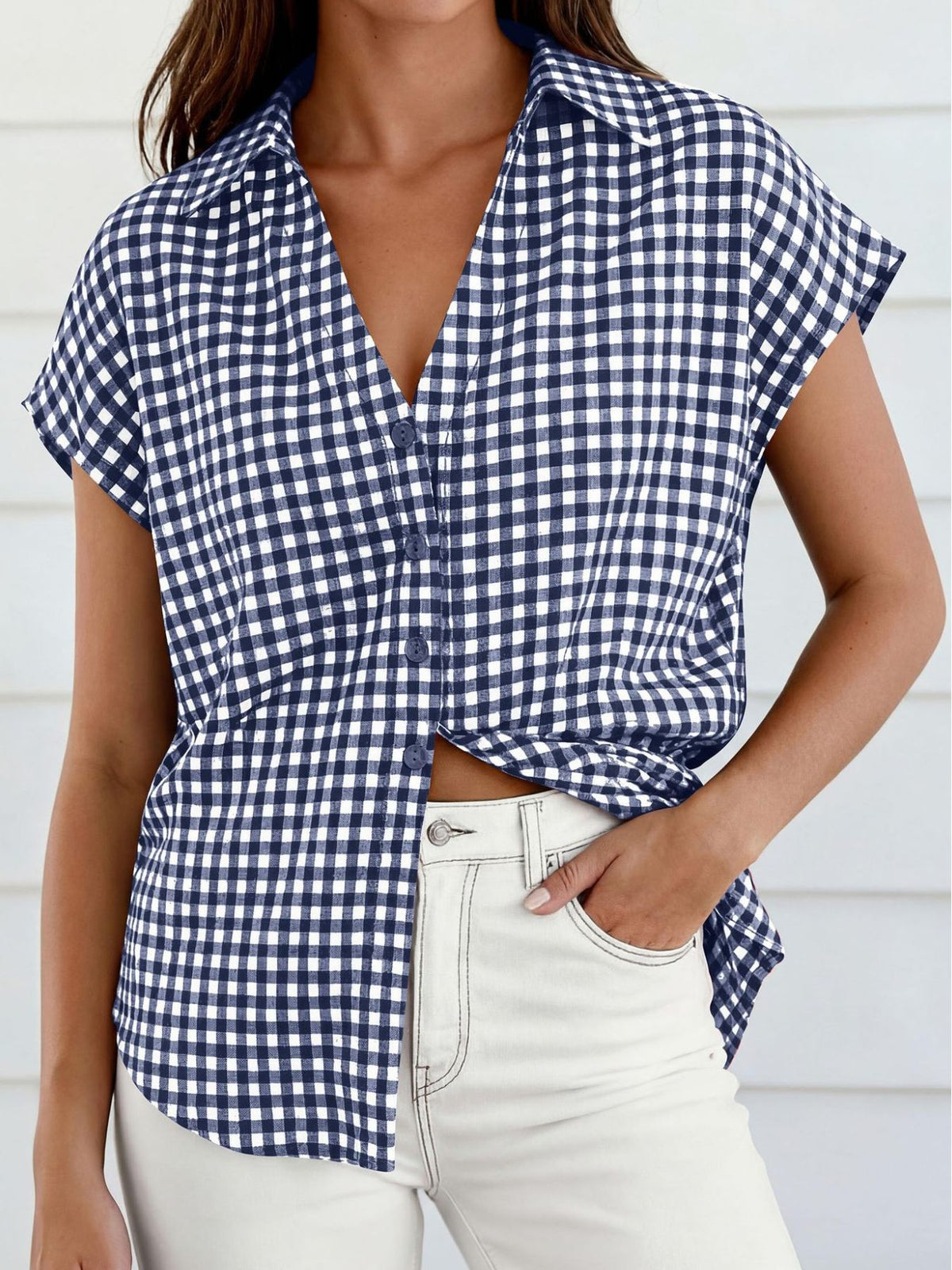 Women's gingham print button-down shirt with tie detail by Plush Fashion Hub, featuring a classic style and feminine design.