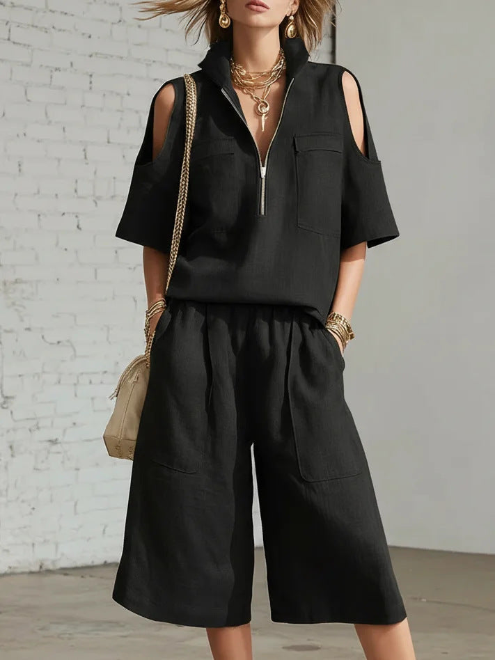 Casual two-piece set from Plush Fashion Hub with short-sleeve shirt and loose shorts, perfect for relaxed everyday wear.