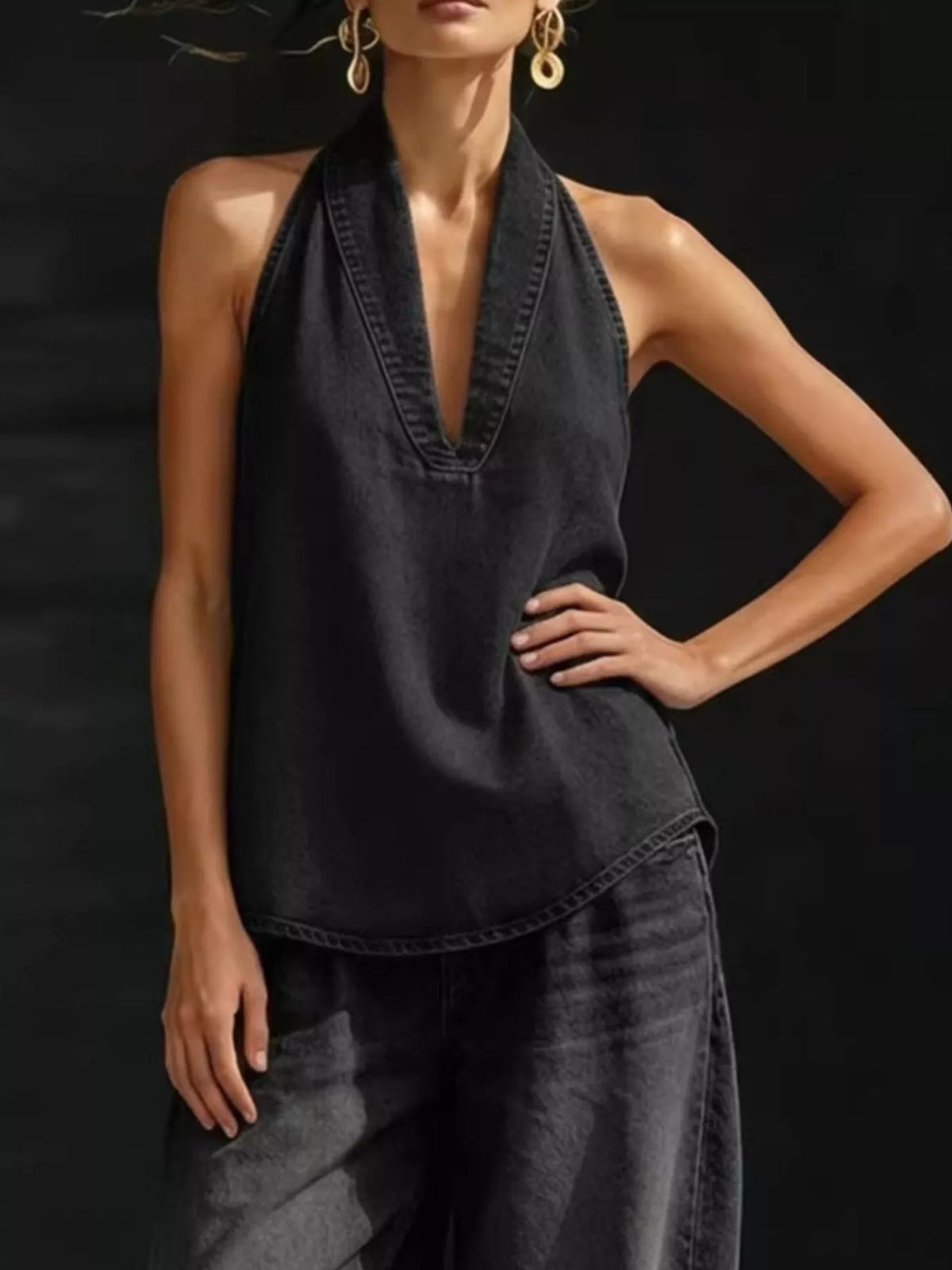 Plus size women's halter neck top and wide-leg pants two-piece dress set from Plush Fashion Hub, featuring a stylish, coordinated look