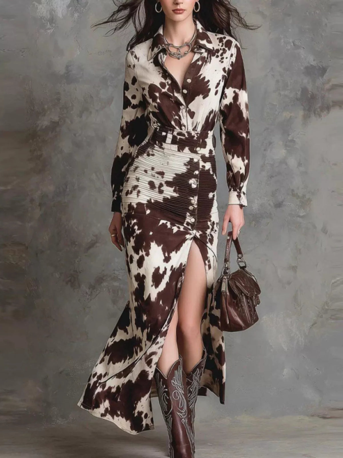 Cow print ruched slit maxi dress by Trendsi featuring a flowy design, ruched details, and a stylish slit for a bold, trendy look.