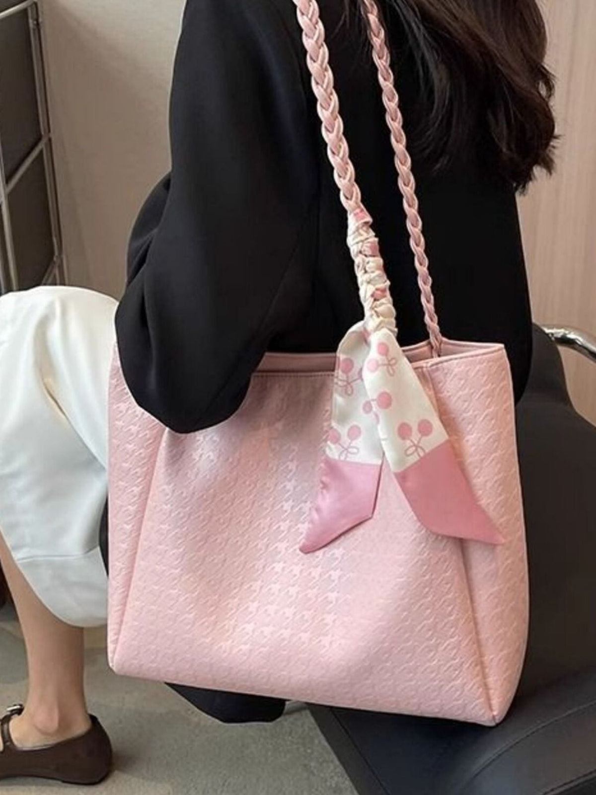 Plush Fashion Hub braided handle tote bag with woven straps and spacious interior, stylish for everyday use