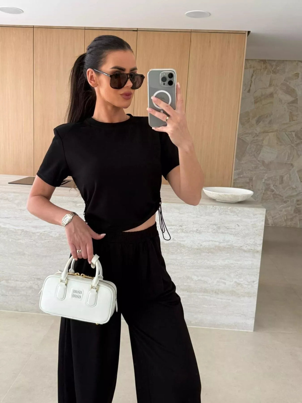 Drawstring crop top and wide-leg pants set from Plush Fashion Hub, featuring a stylish matching outfit with comfortable fabric.