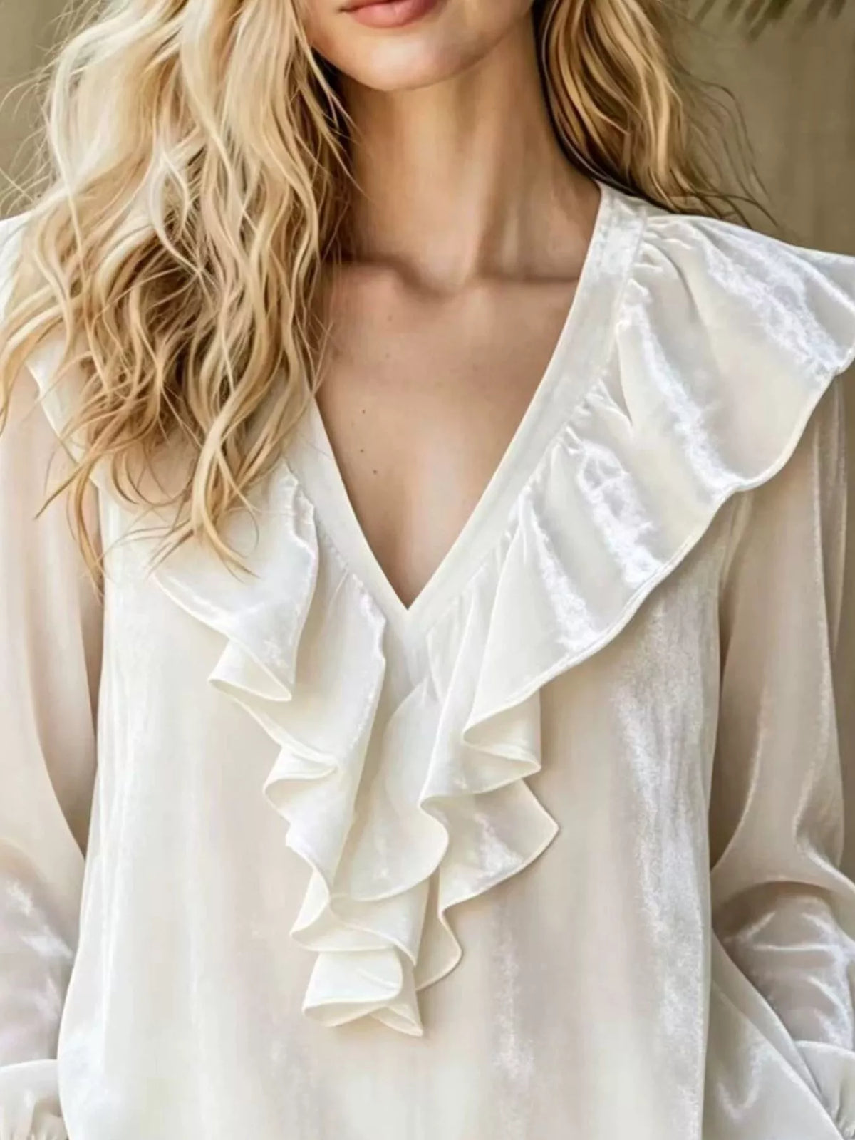 Plus size long sleeve V-neck ruffled blouse from Trendsi, featuring a flattering fit and stylish ruffle details.