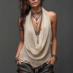 Women's slim-fit knit top with halterneck and V-neck, backless casualwear by FitiqueFit, shown on a model.