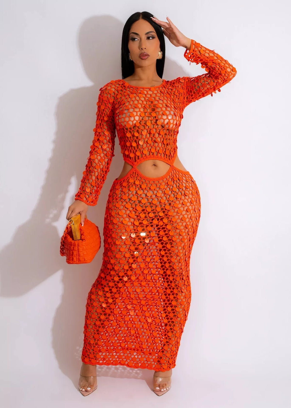 Plush Fashion Hub sequin mesh cutout maxi dress featuring shimmering sequins and stylish cutouts, full-length design for elegant occasions.