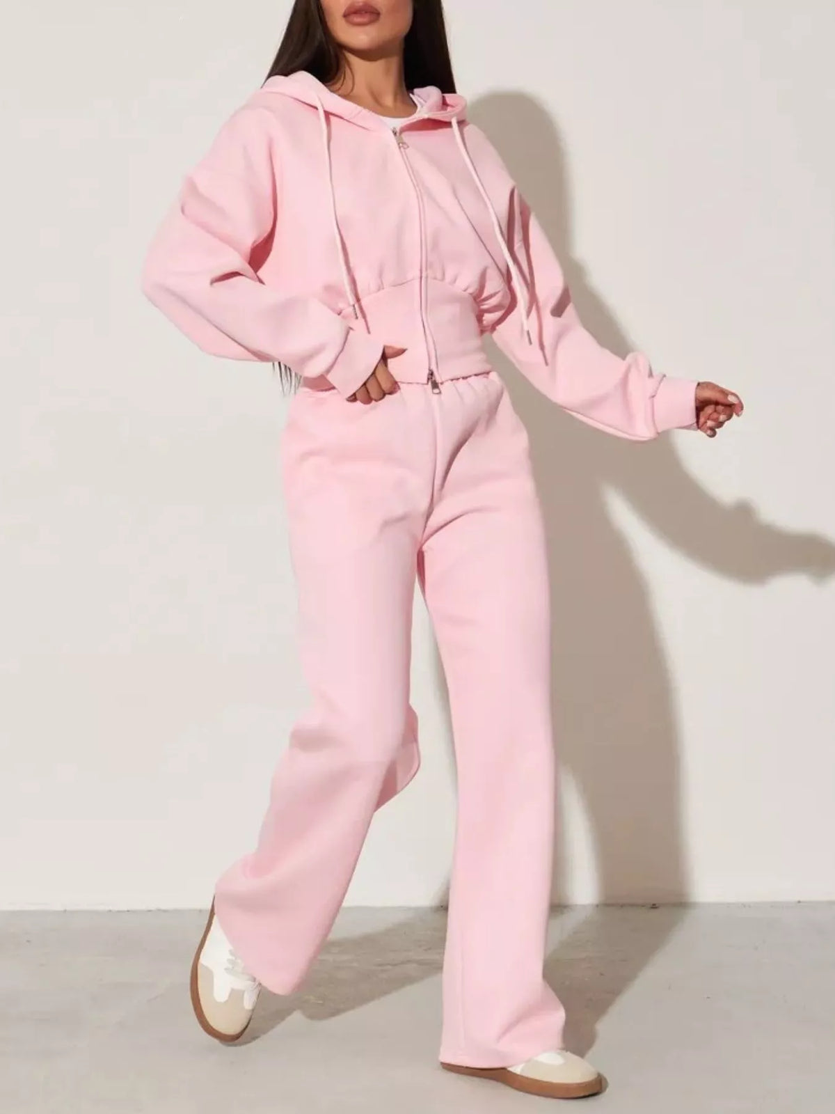 Plush Fashion Hub zip-up hoodie and wide-leg pants loungewear set, soft fabric, casual style, front zipper, relaxed fit.