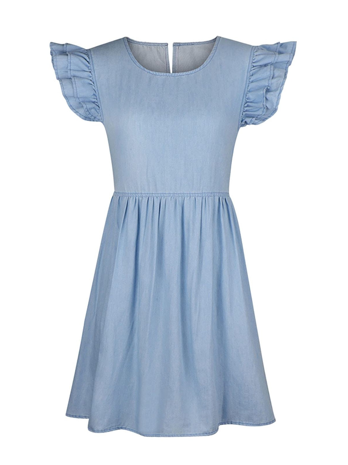 Full size ruffled round neck cap sleeve denim dress by Plush Fashion Hub, featuring a classic fit and stylish ruffle details.