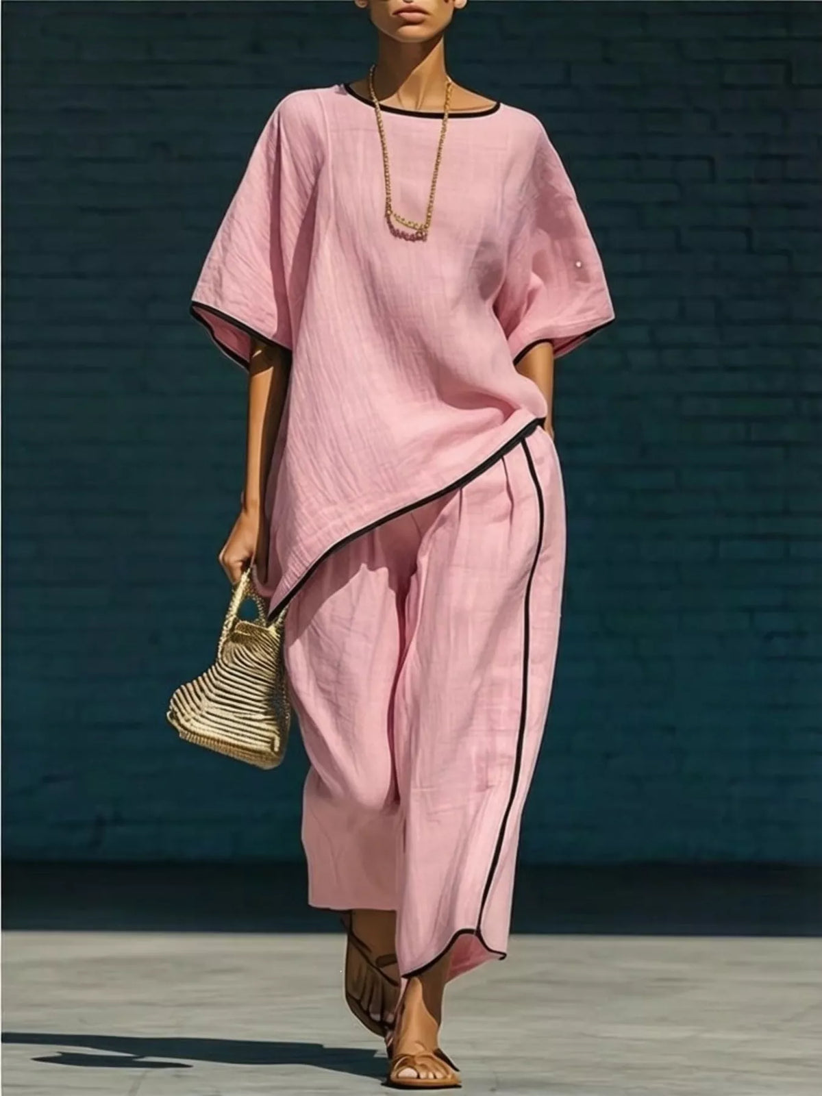 Contrast trim round neck top and matching pants set by Plush Fashion Hub, featuring a stylish, comfortable coordinated outfit.